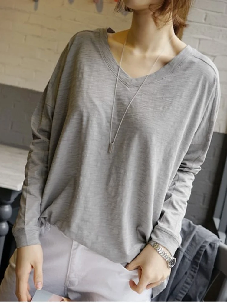 

Women's Loose Long Sve T-irt V-Ne Patchwork Design Thi Cotton Bamboo Fiber Spring Autumn Winter Base Layer K439