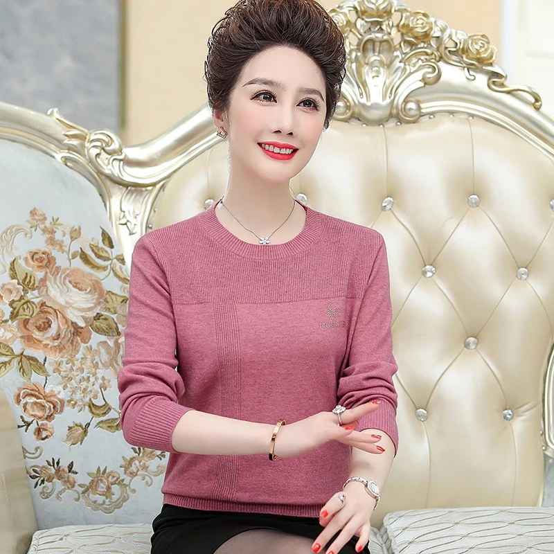 Women Spring Thin Sweater And Pullover Middle-aged Mother O-Neck Diamond Knitting Sweater Female Large Size Knitwear Shirt