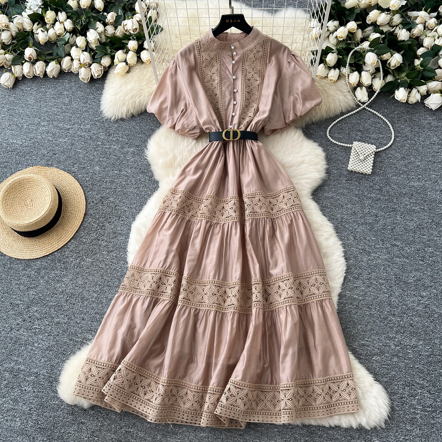 

Women Chic Elegant O-Neck short sleeve lace print loose Ruched Long dress Sexy Evening Fashion women clothing