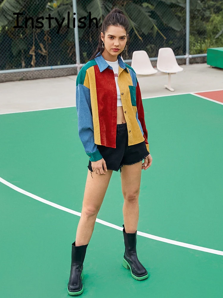 Autumn Long Sleeve Color Block Women Jackets Vintage Harajuku Hit Color Corduroy Baseball Bomber Jackets Streetwear Coat