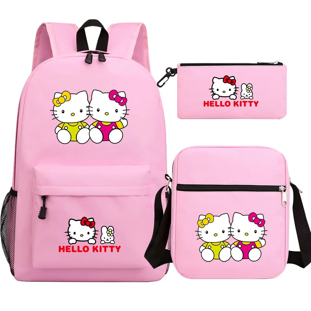 

Новый Kawaii Hello Kitty, 3 шт., детские школьные сумки для книг для мальчиков и девочек, сумки на плечо, сумки для ручек, женский подростковый дорожный рюкзак
