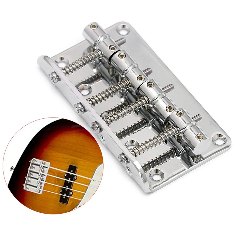 Hard Tail Fixed Bass Guitar Bridge Compatible With 4 String Jazz Bass Or Precision Bass Style Bass Guitar Top Load Chrome