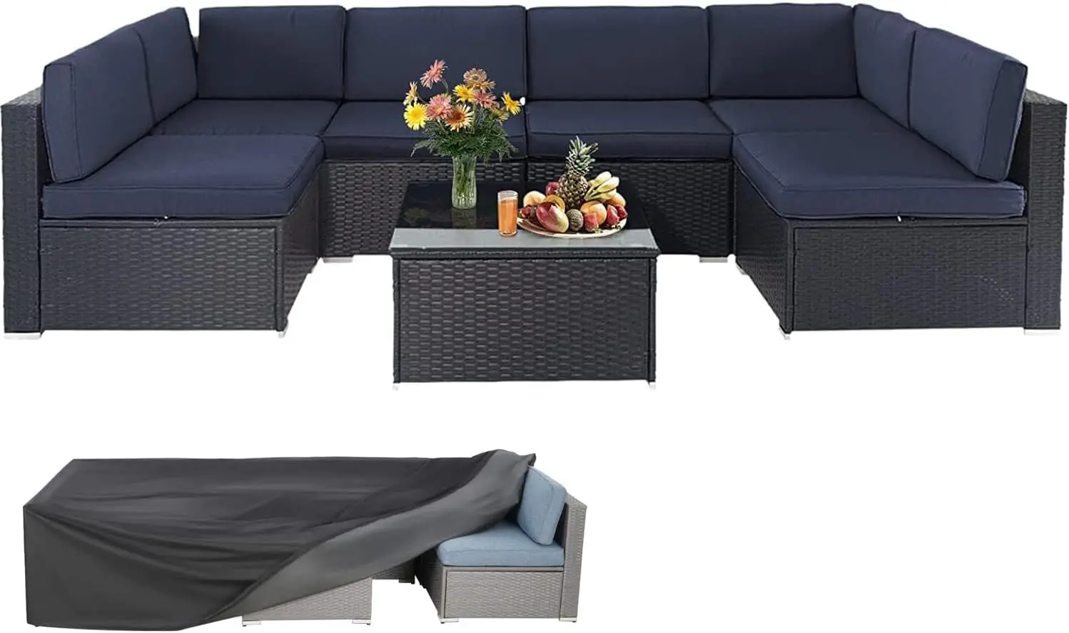 Outdoor-Sofa Terrassen möbel Set, All-Weather Rattan Wicker Patio Gesprächs set mit Kissen, Glas tisch und wasserdichter Abdeckung