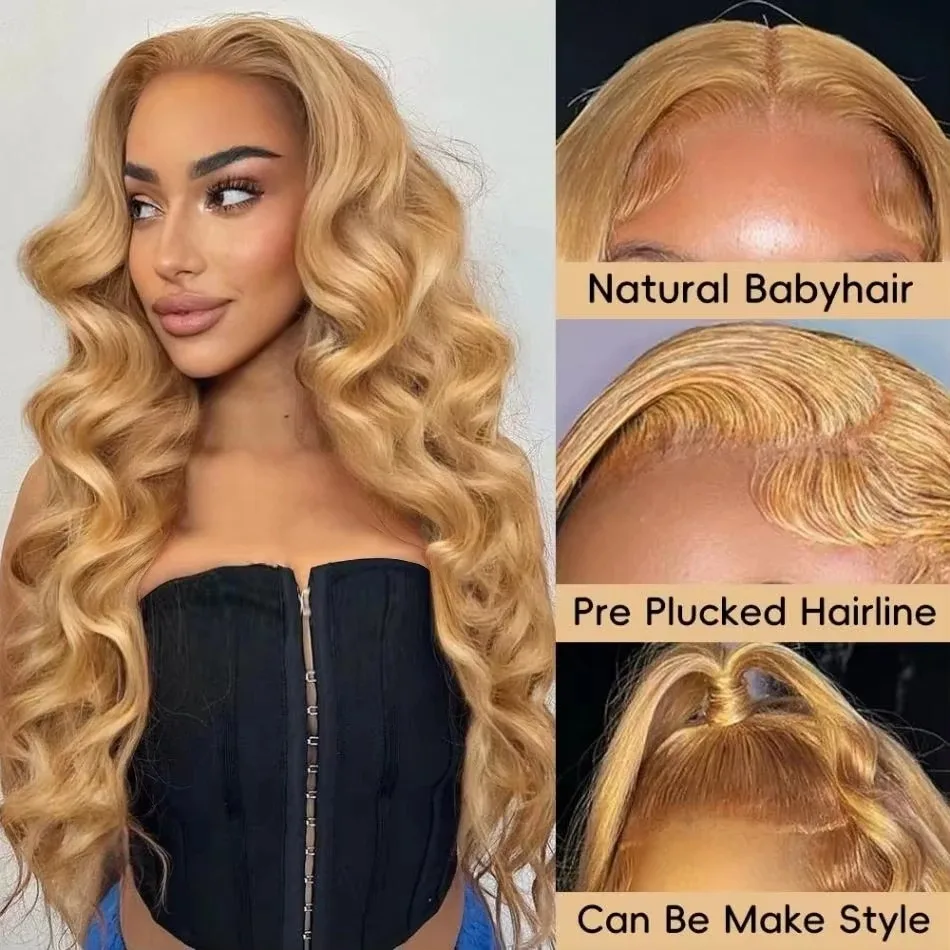 

Body Wave Human Hair Wigs 100% Human Hair 13x6 Hd Lace Frontal Wigs 250 Density #27 Honey Blonde Lace Front Colored Wigs 34Inch