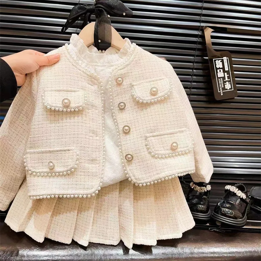 Girls Suit Spring and Autumn Korean Fashion Solid Color Pearl Button Childrens Coat Skirt Two Piece Set