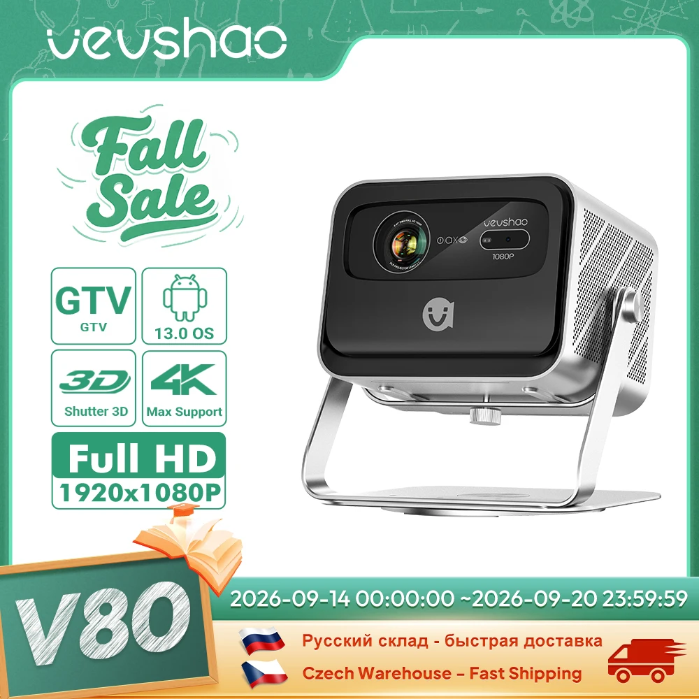 VEVSHAO V80 Projektor 4K Full HD1080P 2200 Anis Lumens Android 11.0 WiFi 6 Projektor wideo do domowego kina z podstawą