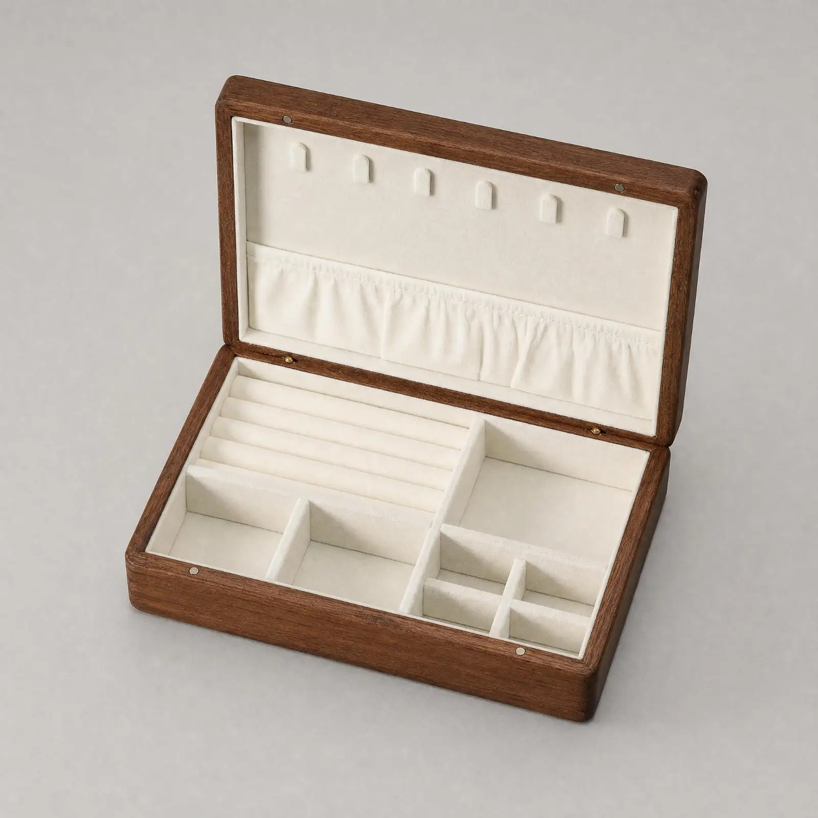 Walnut Jewelry Box with Hinged Lid Modern Jewelry Box with Necklace Hooks and Loop Slots Solid Wood Compact for Vanity, Dresser