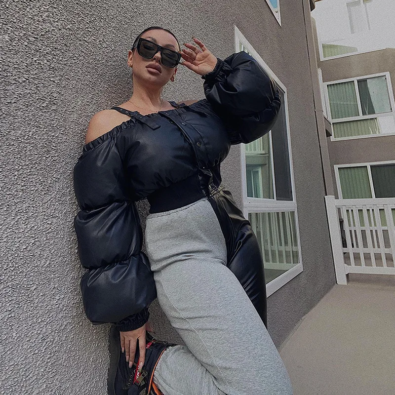 Bubble Fashion Puff Jackets Off Shoulder Tops Cropped Bomber Thick Warm Coats 2023 Women Clothes Y2K Streetwear Winter Jacket