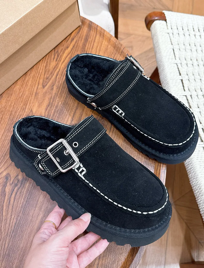 Neue Damen-Schlappen aus Rindsleder und Wolle, Schneestiefel mit Zehenkappe, erhöhte Sohle, warm, stoßdämpfend, dicke Sohle, lässig, für Paare – Detail 11