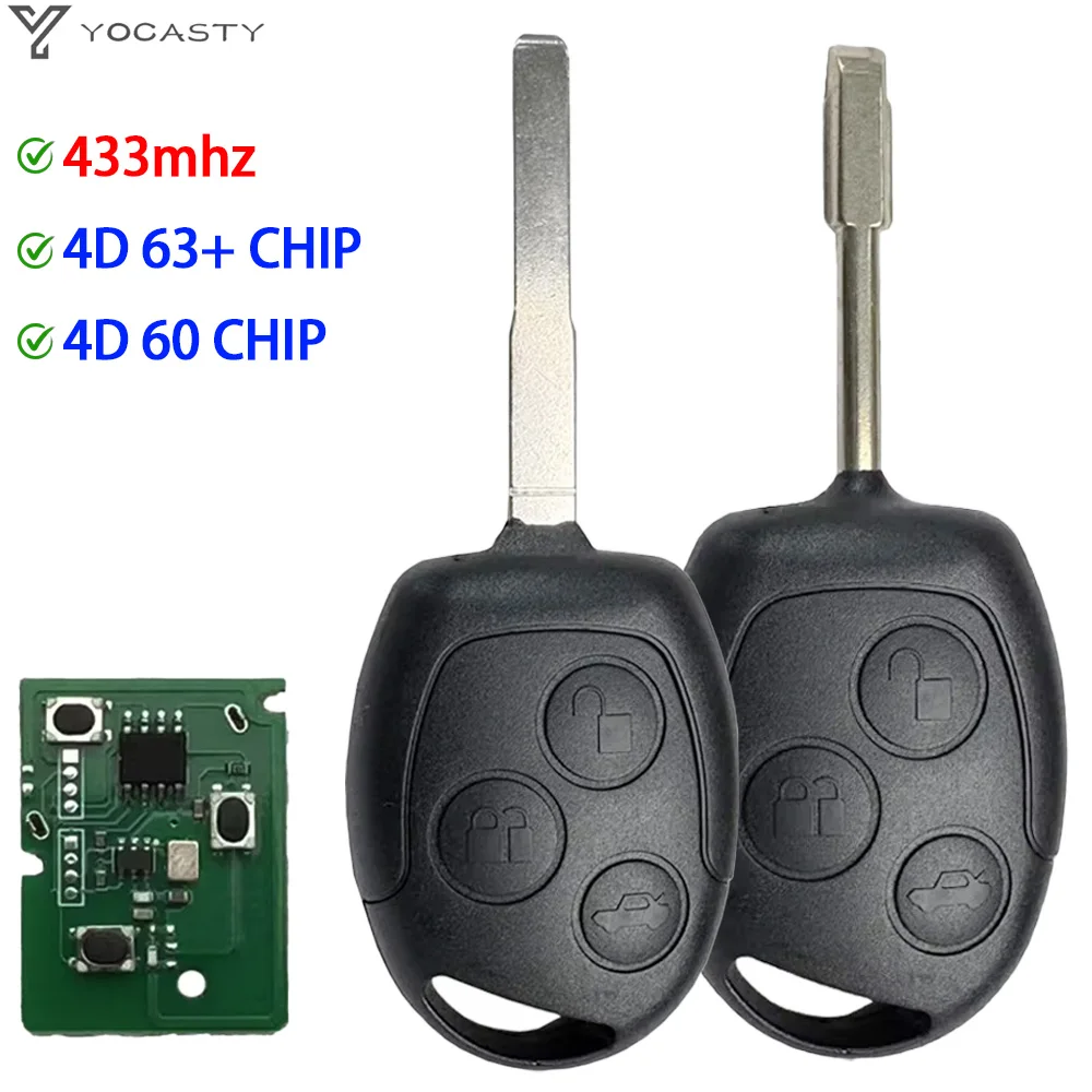 YOCASTY 4D60 4D63 433Mhz Llave de coche con control remoto para Ford Focus Mondeo Transit Connect Courier Fiesta C-Max S-Max Fusion Galaxy Mondeo