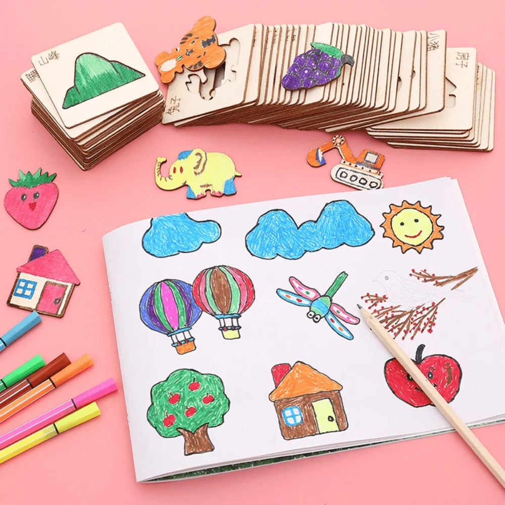 20pcs Kids Drawing Toys Wooden DIY Painting Template Stencils Learning Educational Toys for Children Gift