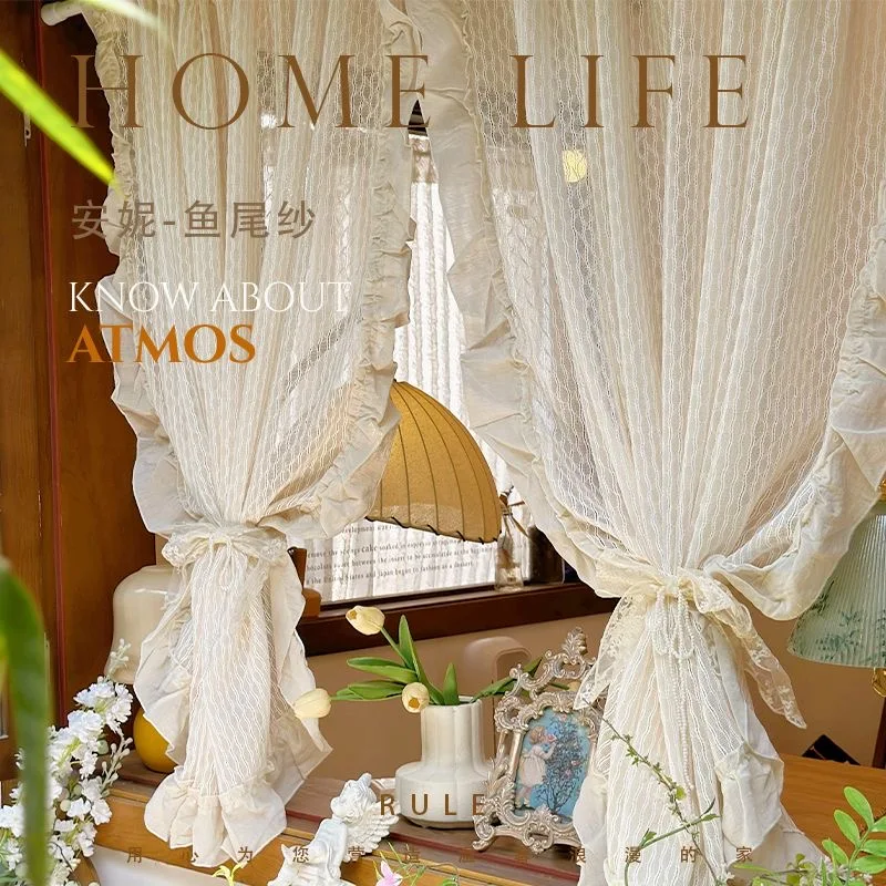 

Japanese-style Retro Linen Geometry Hollow Curtains for Living Room Manual Frill Curtains for Kitchen #A649