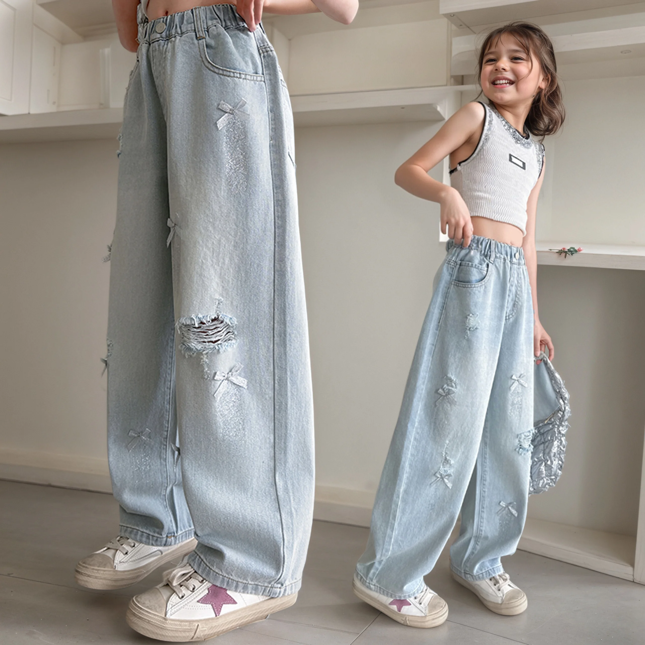 

Летние новые рваные глянцевые широкие брюки для девочек, лето 2025 года, утягивающие и старые широкие брюки, повседневные и модные