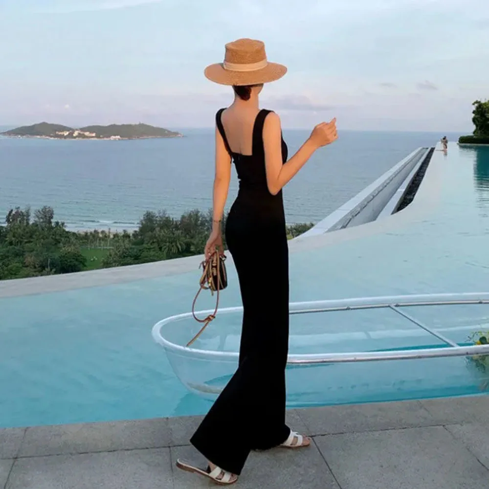 Frauen Spaghetti Overalls Lange Sommer Strand Backless Dünne Hochzeit Strampler Schwarz Büro-Dame Sexy Elegante Overalls Designer Neue