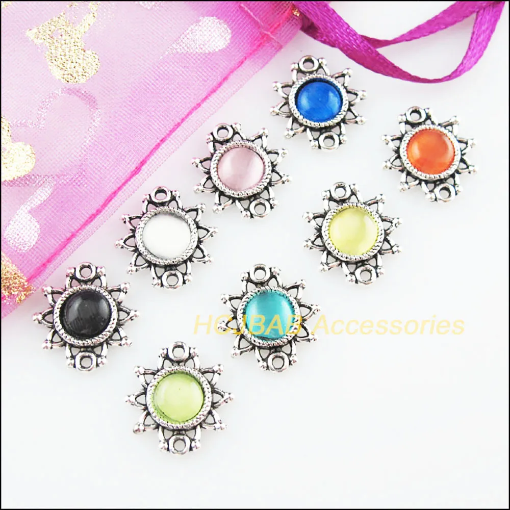 16Pcs Tibetan Silver Flower Mixed CatEye Stone Charms Pendant Connectors 14x15mm