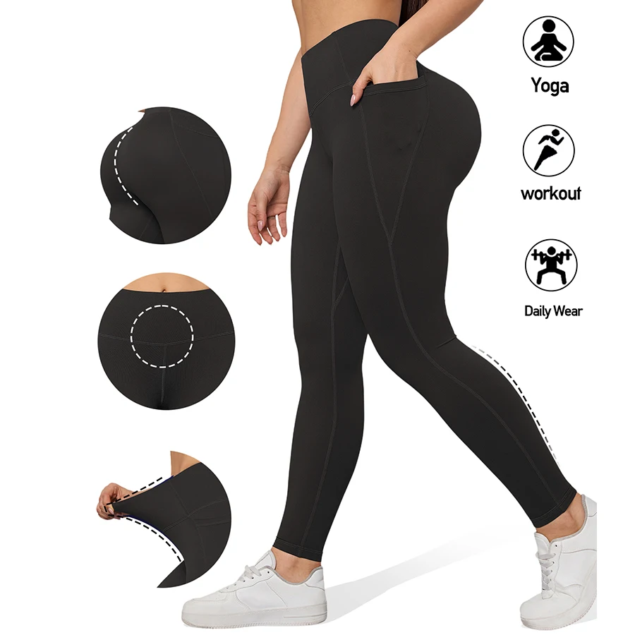 

Women Seamless Leggings with Pockets Solid Color High Waist Butt Lifting Tights Slim Elastic Leggings Sportswear