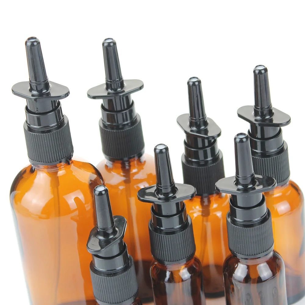 10pcs 5ml 10ml 15ml 20ml 30ml 50ml 100ml Amber Nasal Spray Bottle Glass with Fine Nose Mist Sprayer Press Spray Head Atomizer