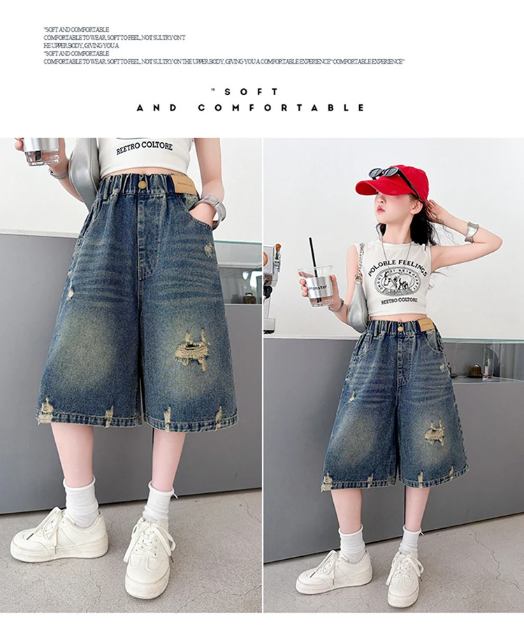 Sommer Vintage Kinder Koreanische Mode Loch-Denim-Shorts Mädchen Lässige Über-Knie-Denim-Hosen Elegante Zerrissene Mini-Jeans für Teenager – Detail 6