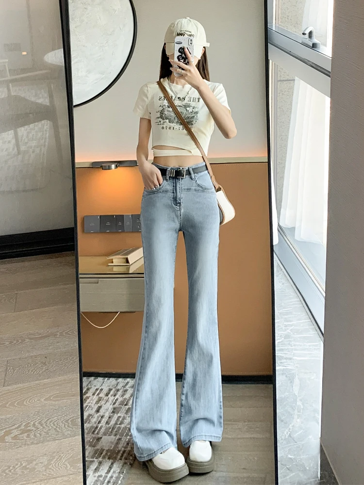 

American Retro High Waist Stretchy Light Blue Bell Bottom Jeans Women's Slimming Long Pants Casual Cotton Polyester Blend