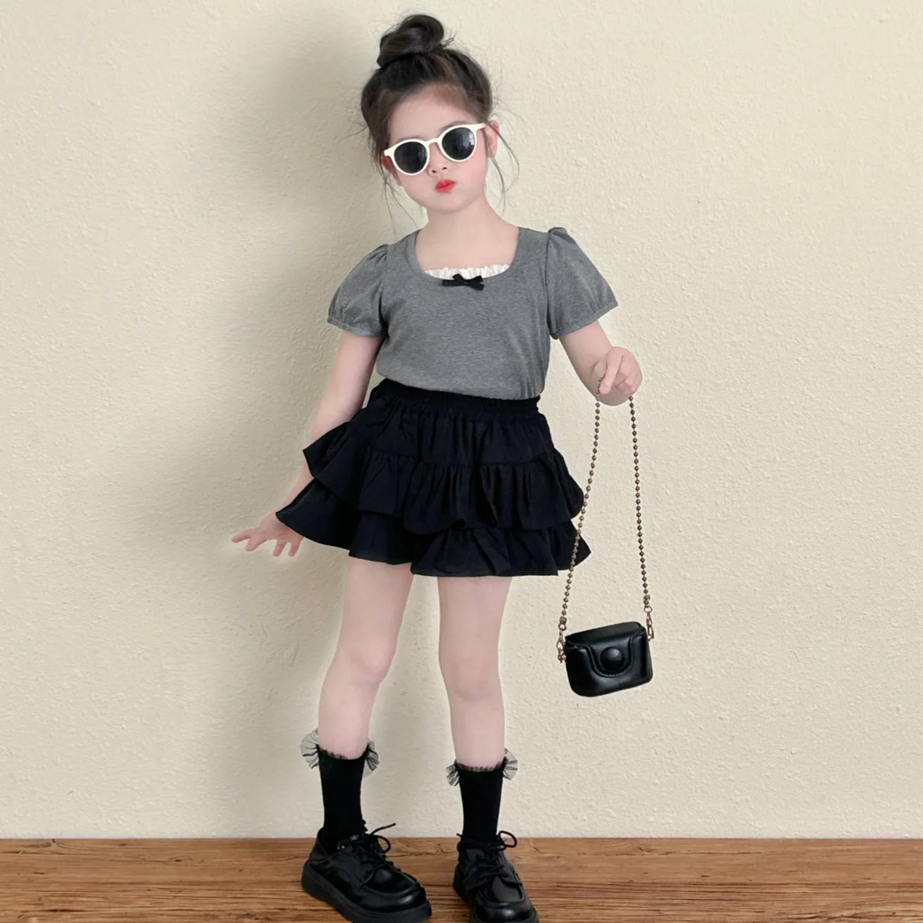 2025 Summer New Girls Bow Color Matching T-shirt Ballet Baby Girl Foreign Style Double Skirt Pleated Skirt