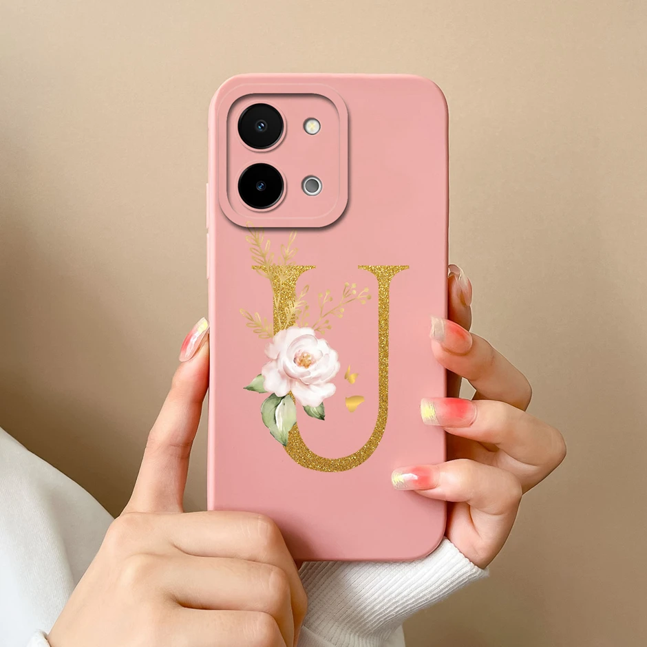 Case For Vivo Y28 4G 5G Art Flower 26 Letters Liquid Silicone TPU Back Cover For VivoY28 4G 5G Advanced Sense Couple Funda Shell