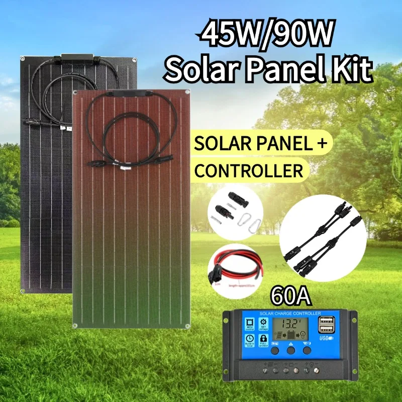 Flexible Solar Panel Kit 45 Watt PV Module 90 Watt 12V/24V Solar Cable Cell for Home Outdoor Car Boat Battery Camping Trip