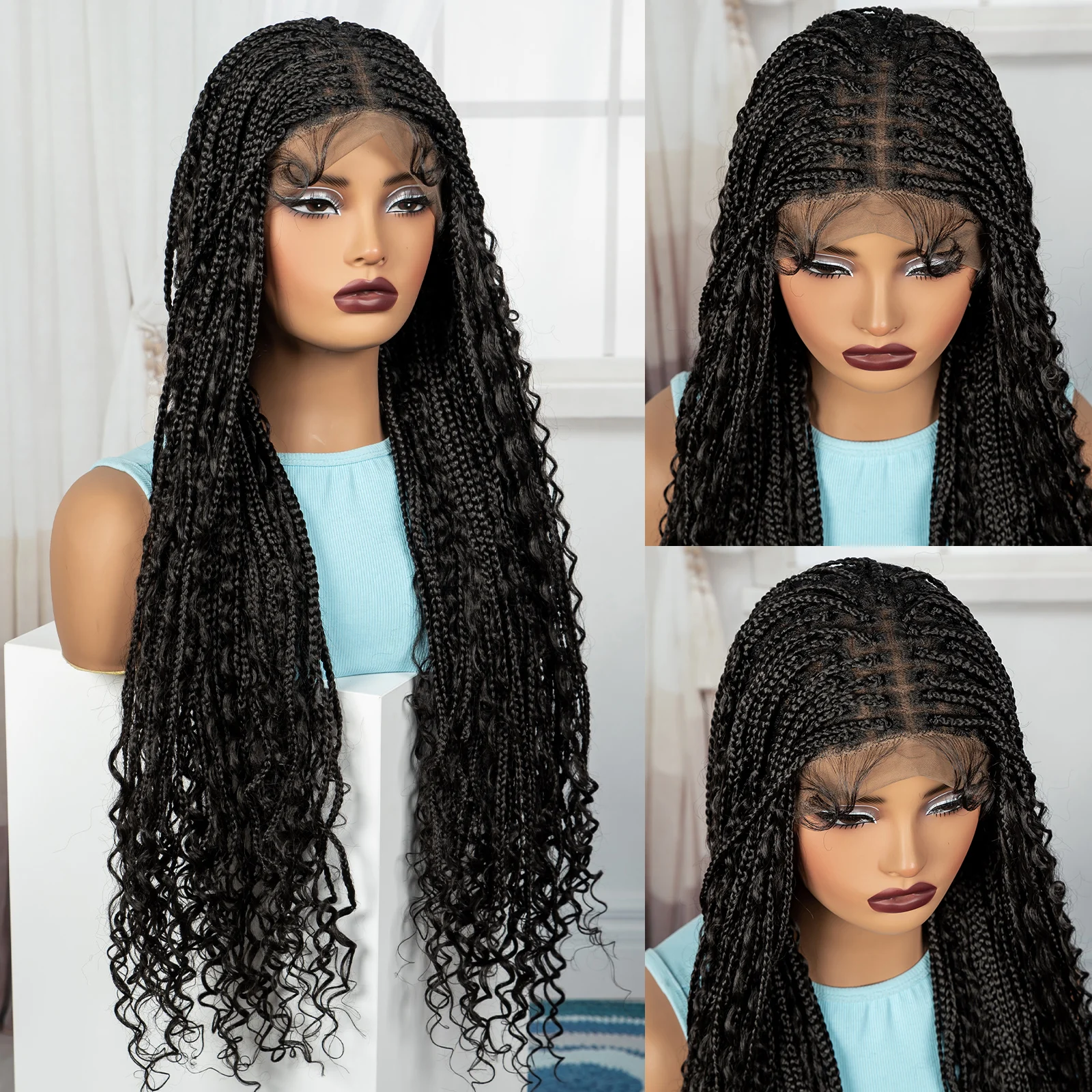 Perruques tressées synthétiques en boîte sans nœuds de 32 pouces, perruques tressées Boho en dentelle complète avec extrémités bouclées, perruque Lace Frontal tressée pour femmes