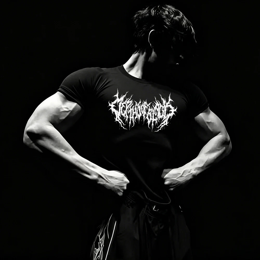 Men's Quick Drying T-Shirt With Twisted Thorn Lettering Printed Breathable Tight Fitting Short Sleeved Fitness Training Top