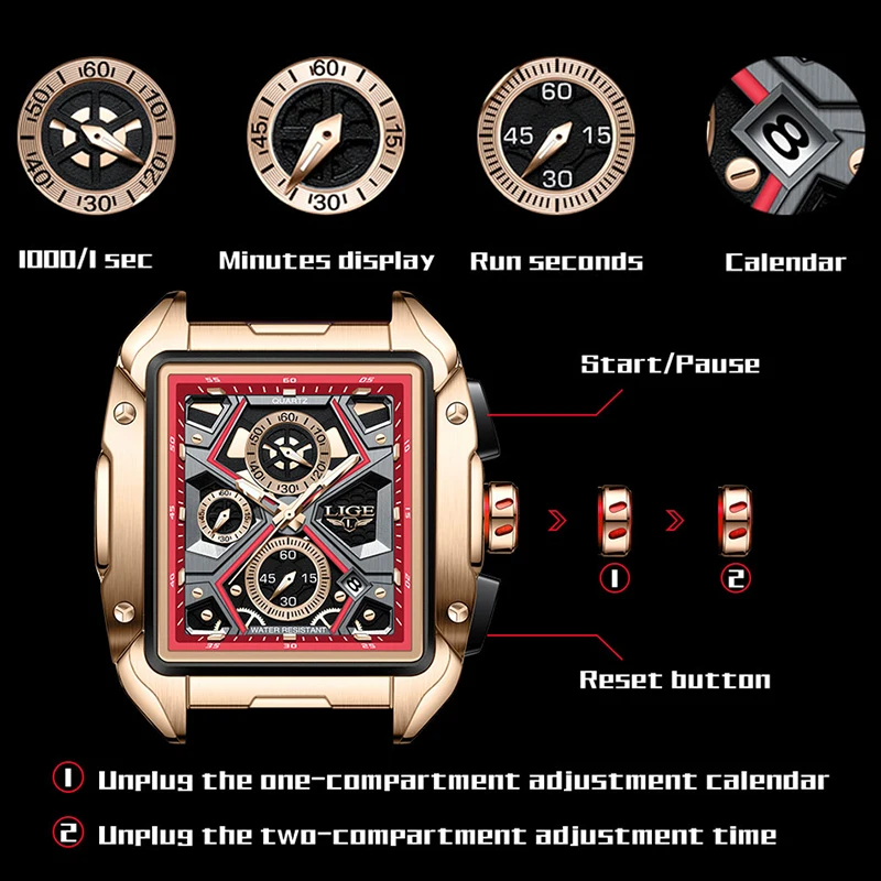 New LIGE Top Brand Men\'s Watches Luxury Square Quartz Wristwatch Waterproof Luminous Chronograph Watch For Men Date Clock +BOX