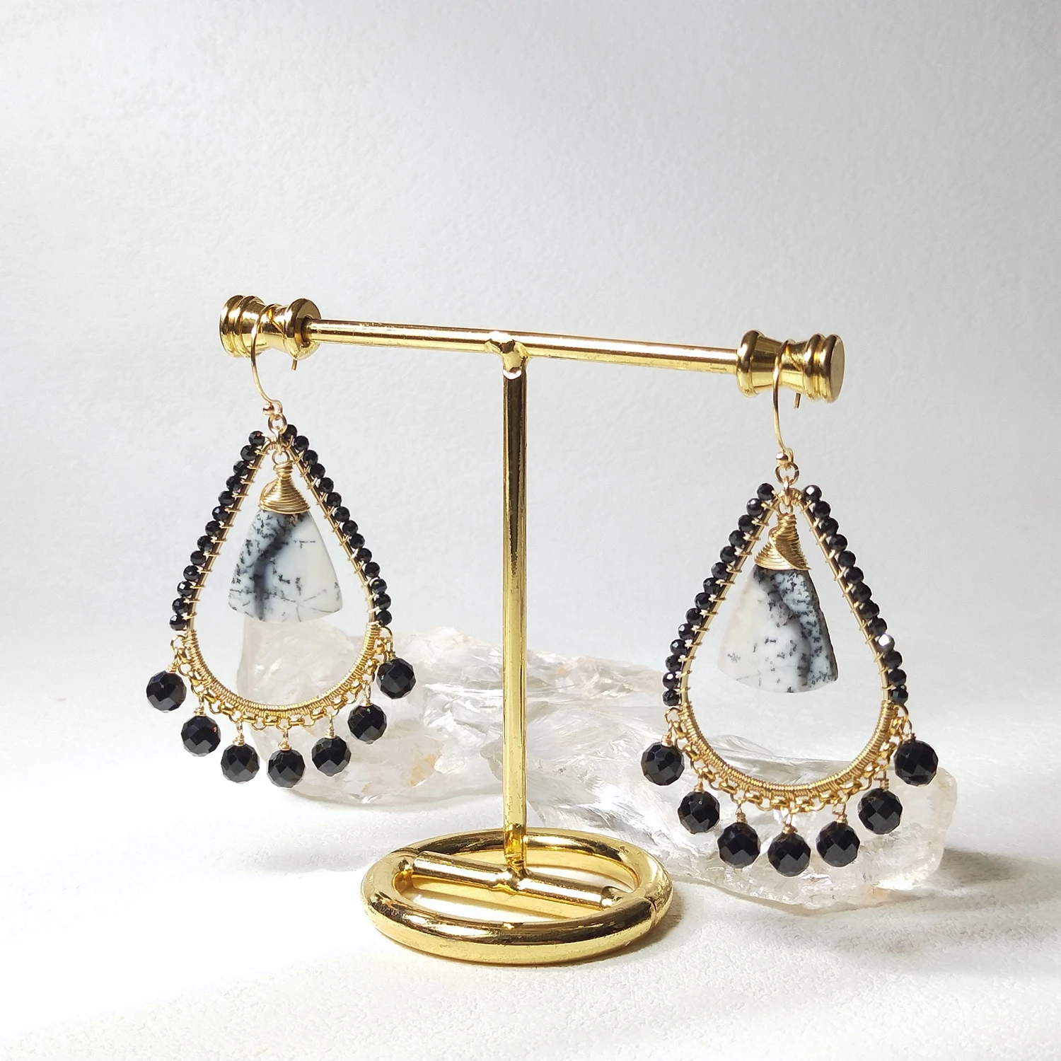 Lii Ji Only 1 Pair Natural Black Spinel With Agate American 14K Gold Filled Dangle Earrings Handmade Jewelry