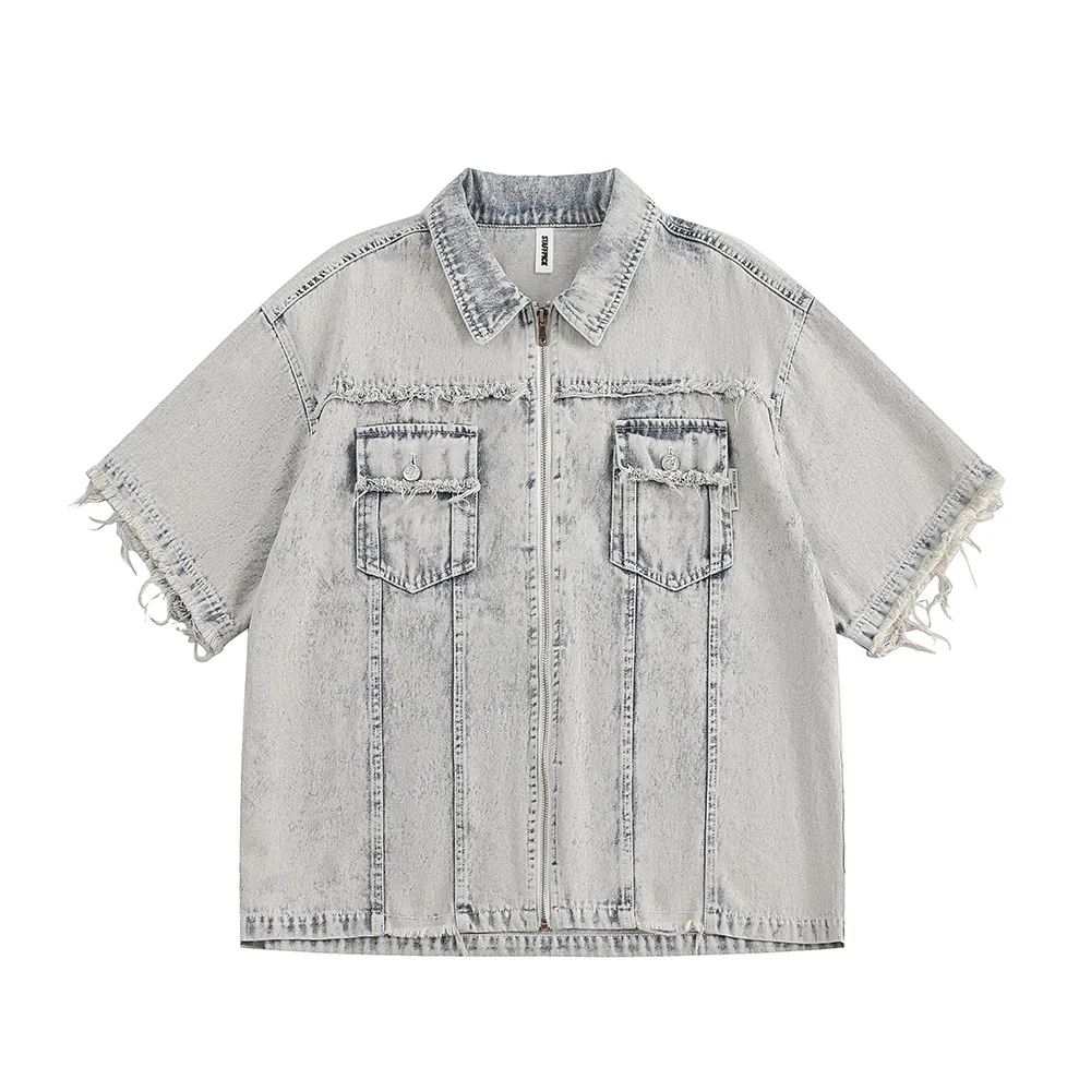 

Heavy Washed Men's Denim Shirt, Distressed Zipper Mans Jeans Shirts, Oversized Trendy Short Sleeve Tops