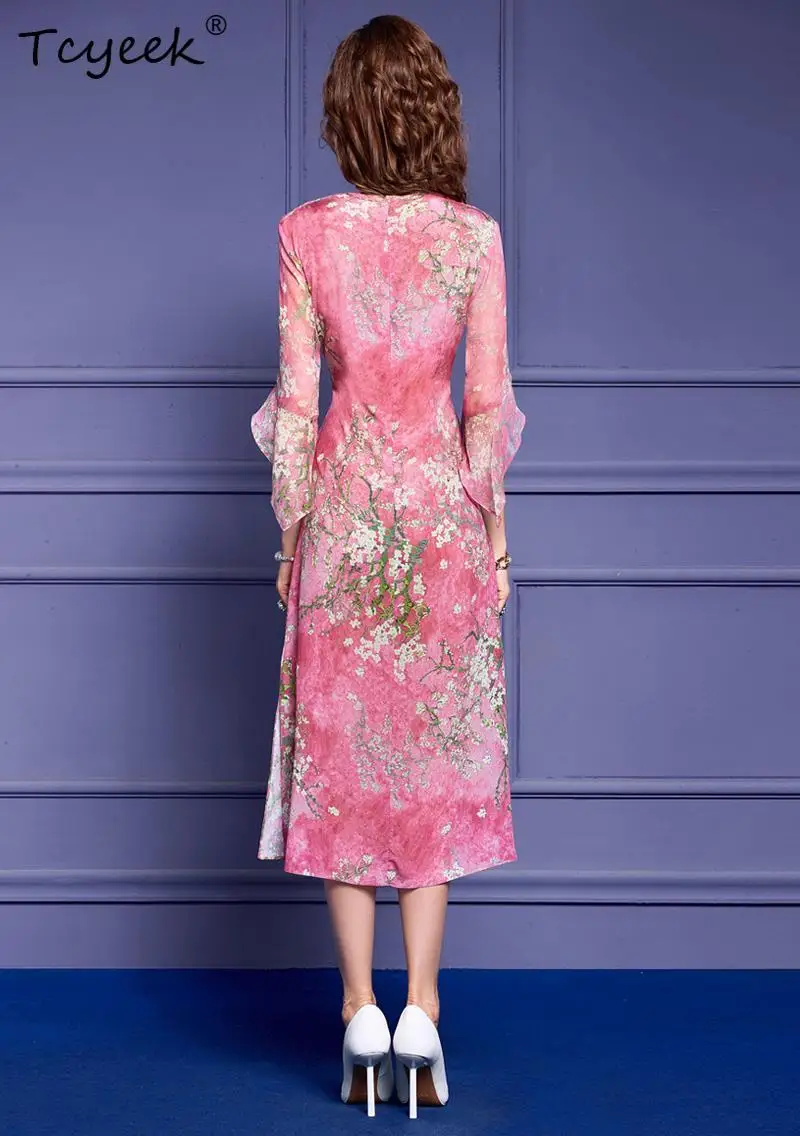 Tcyeek 100%Real Silk Elegant Dresses For Women, New Chinese Style, Flower Printed Vintage Gentle Dress, 2024 Summer D42134QC