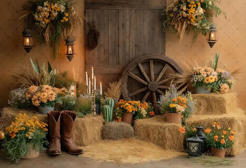 Mehofond التصوير خلفية الخريف قبعات رعاة البقر الغربية الغربية ريفي الحظيرة القش الاطفال عيد ميلاد صورة ديكور خلفية استوديو الصور