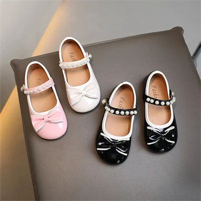 Multi Colored Pearl Bow Girls Round Toe Leather Shoes, Girls Spring and Autumn Outdoor Fashion PU Leather Shoes, Sizes 21-30