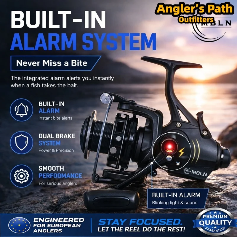 MBLN Spinning Fishing Reel 6+1 Bearings Dual Brake Aluminum Spool Built In Alarm Carp Angling Sea Fishing For Adult Anglers