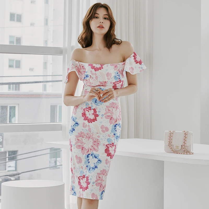 Fashion New Summer Women Print Flower Sexy Square Collar Simple Sheath Pencil Ruffles Bodycon BOho Casual Holiday Dresses