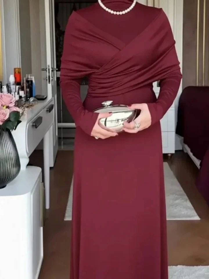 

Elegant Irregular Slim Pleated Banquet Dress Temperament High Waist Women Commute Maxi Dress Casual Long Sleeve Evening Dresses