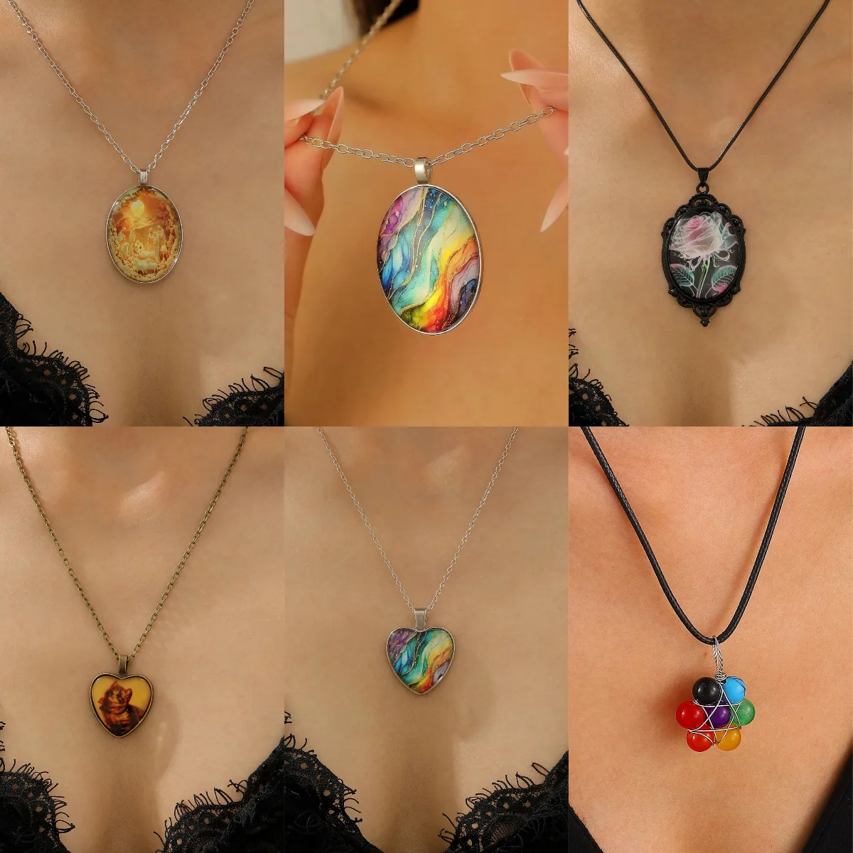 البيضاوي الزجاج سبائك قلادة قلادة المرأة الملونة قوس قزح حجر سحر شكل قلب المنجد سلسلة مجوهرات هدية #1