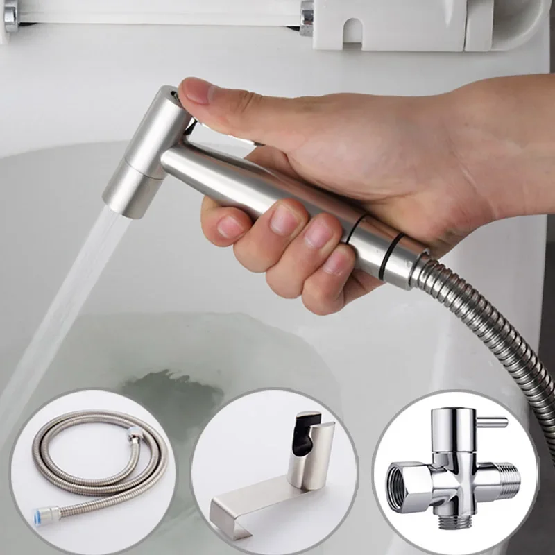 Solid Stainless Steel Bathroom Bidet Sprayer Kit. Brushed Surface Handheld Toilet Bidet Faucet Water Tank Hooked