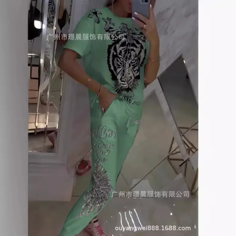Primavera feminino terno impressão o pescoço manga curta topo rendas até calças compridas ternos feminino novo casual elegante na moda roupas das senhoras