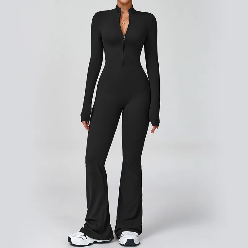 Women Long Sleeve Yoga Jumpsuit Half Zip Stand Collar Flared Bodycon Bell Bottom One Piece Romper Gym Workout Clothes Sportswear