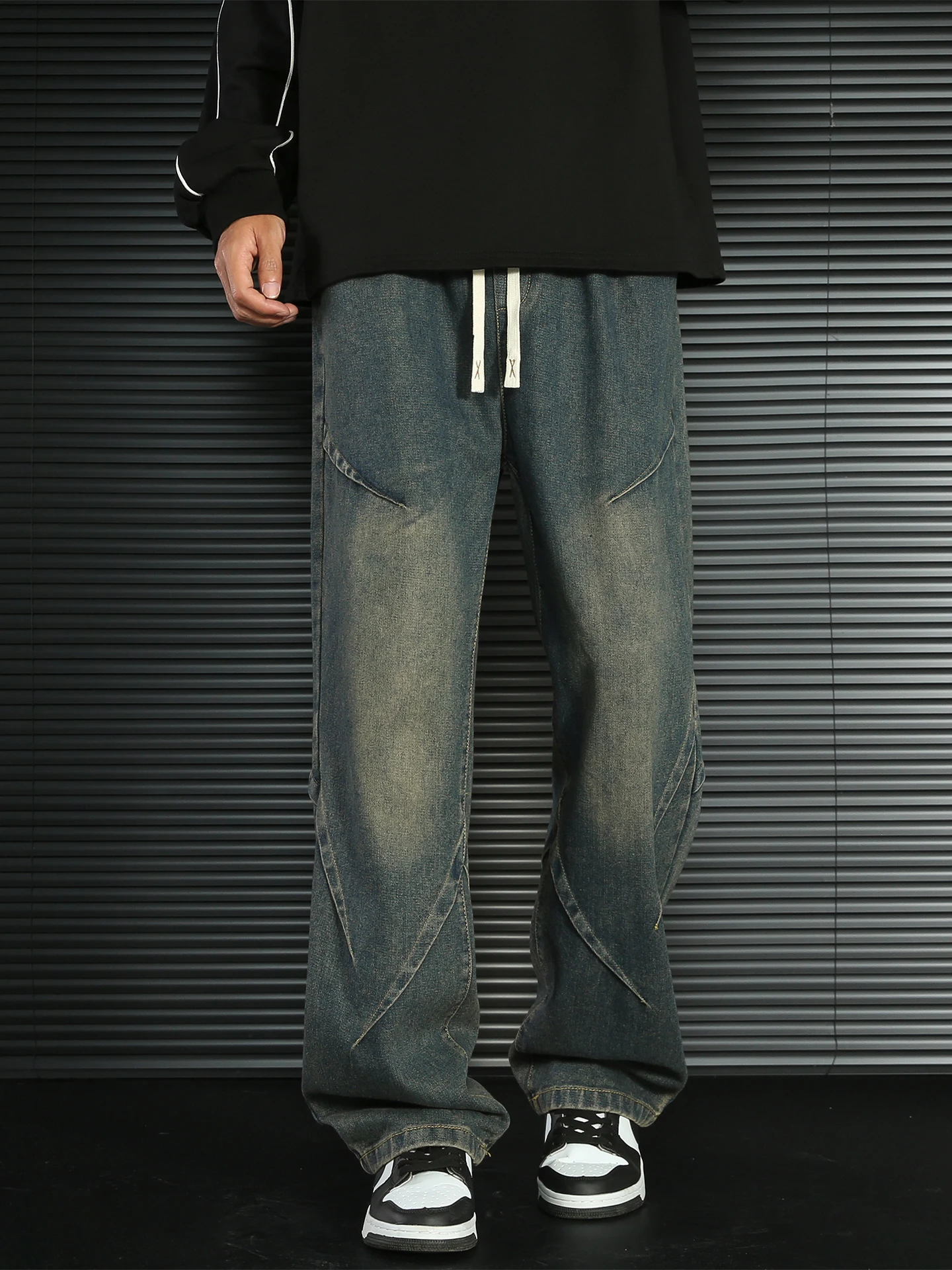 

Синие сложенные джинсы в стиле ретро, мужские весенние американские длинные брюки, прямые свободные брюки, повседневные спортивные брюки из хлопка и полиэстера