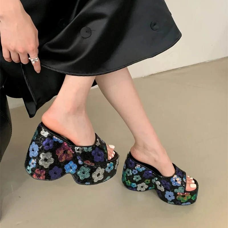 

Shoes for Women 13CM Super Sexy High Heels Luxury Wedges Slippers Women's Shoes Sequined Thick Bottom Party Dress Shoes Zapatos