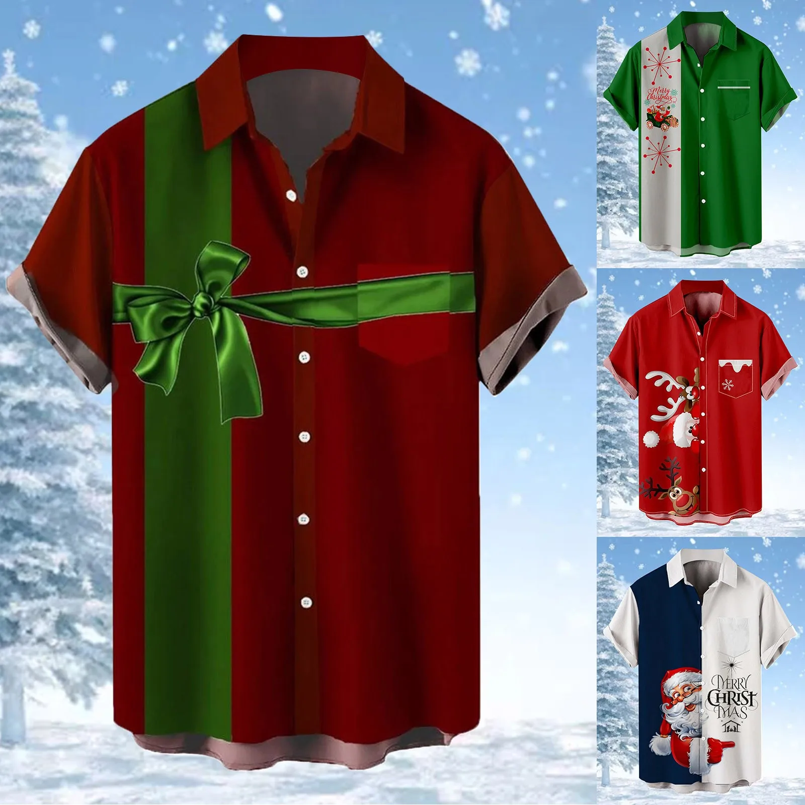 Men's Christmas Red Short-Sleeved Shirt Santa Claus 3d Printing Tunic Holiday Party Hawaiian Shirts For Men Loose Dressy Tops