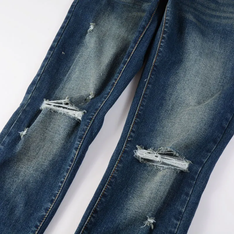 Latest designer fashion new men's jeans stretch slim fit retro blue jeans with hole patch high street hip-hop brand high-quality