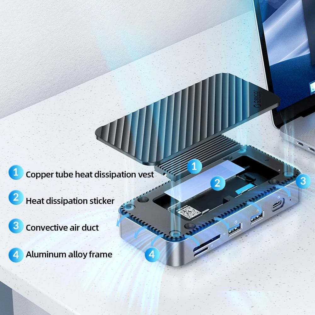 ORICO 10 in 1 Docking Station M.2 SSD Enclosure USB C 10Gbps PD 100W RJ45 SD/TF 4K Dock Station Plug and Play for Laptop Macbook
