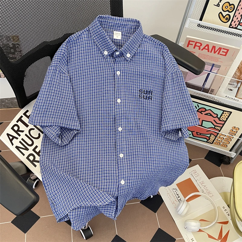

Loose Casual Shirt Unisex Short Sleeve Summer Fashion Youthful Grid Pattern Cityboy Style Couple's Shirt American Lazy Chic