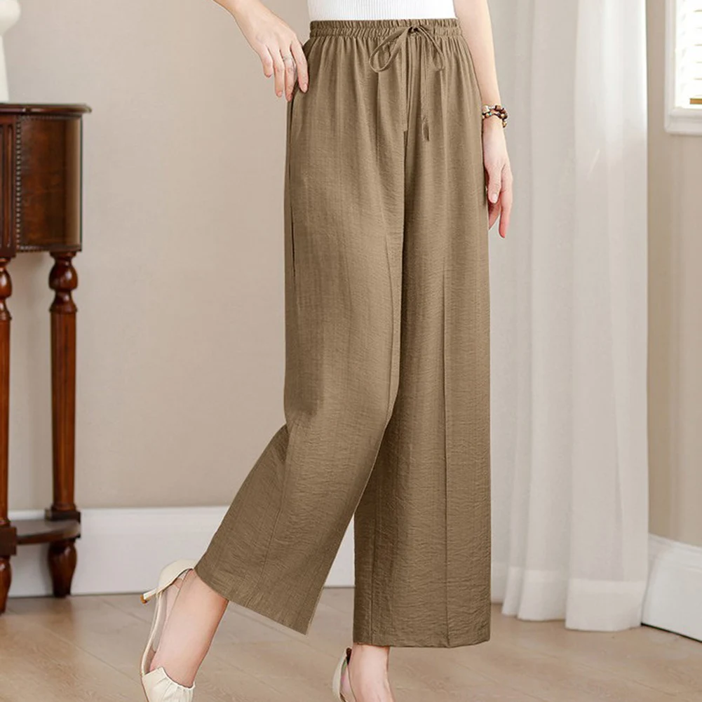 Women's Summer Casual 9-Point Wide Leg Trousers Elastic Waist Solid Color Loose Fit Pants for Four Seasons Wear