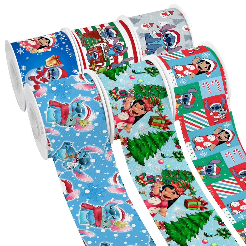 Christmas Theme Disney Design Stitch Mickey Pattern Printed Grosgrain Satin Ribbon for Gift Wrapping Hair Bow Craft 50 Yards