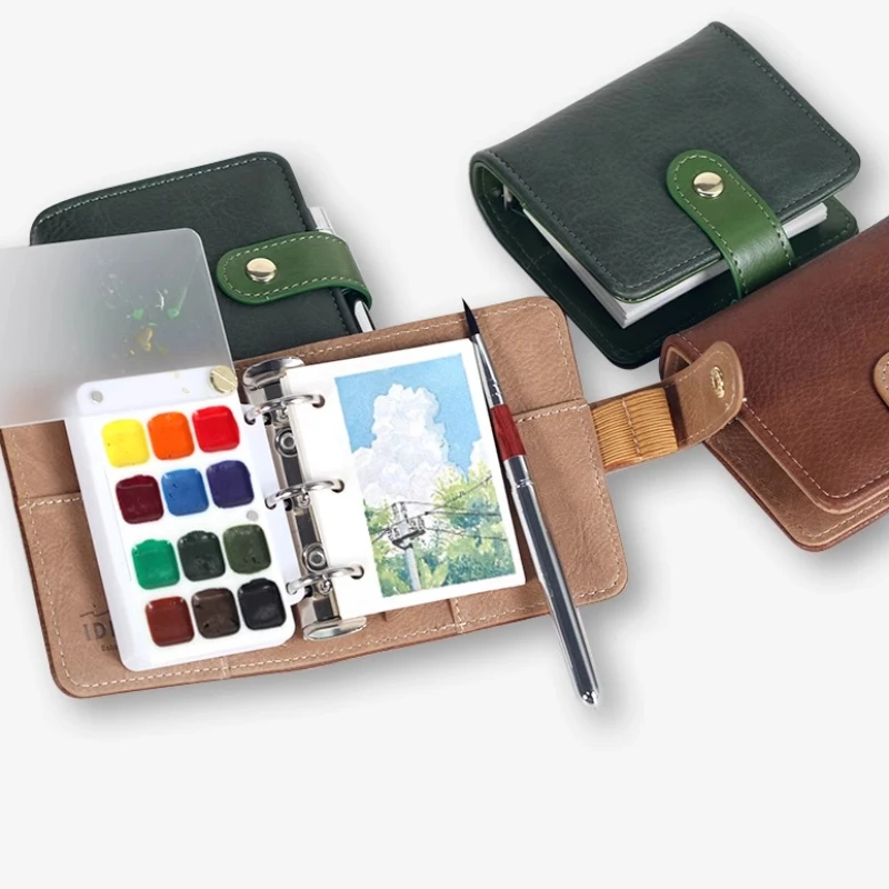PU Leather Cover A9 Mini Loose Leaf Watercolor Book Portable Watercolor Palette Artist Student Travel Sketch Painting Supplies